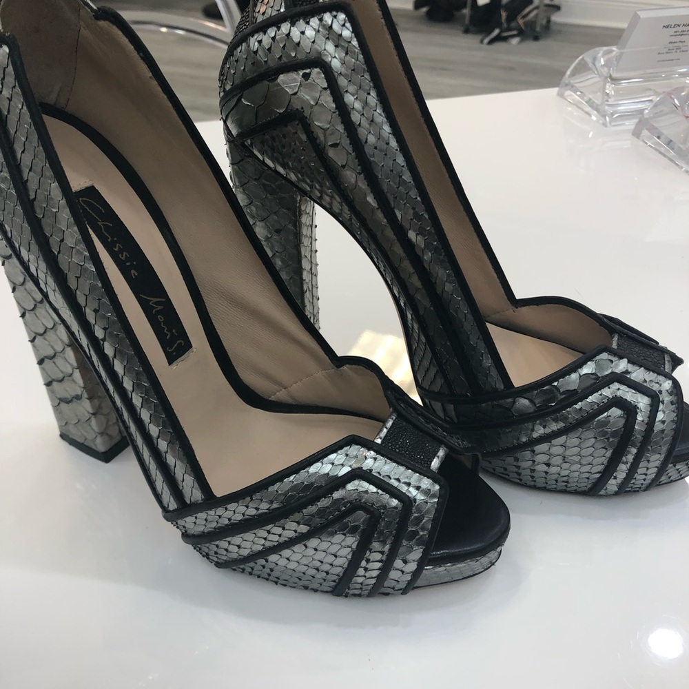 Chrissie Morris silver and black snakeskin heels